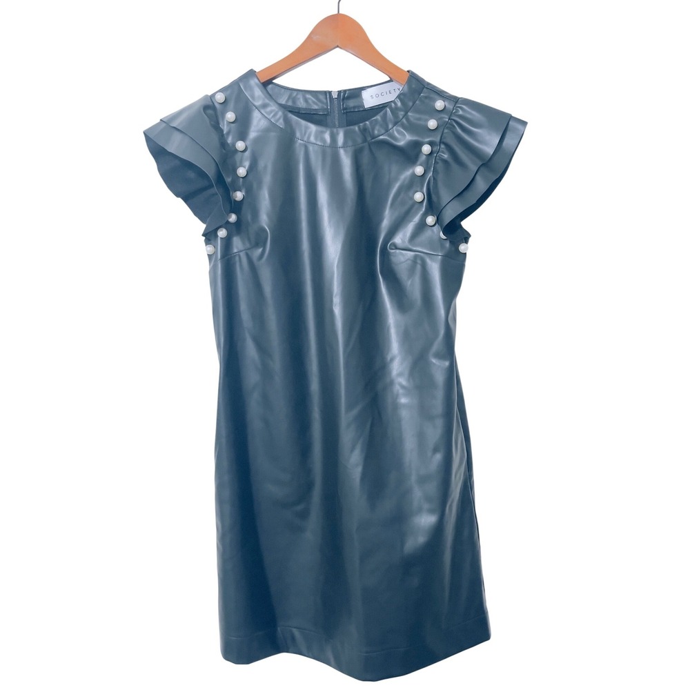 Society Womens Faux Leather Pearl Ruffle Mini Dress Black Size M Shift Edgy